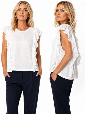 Lauren Ralph Lauren White Ruffle Knit Sleeveless Top Textured XL